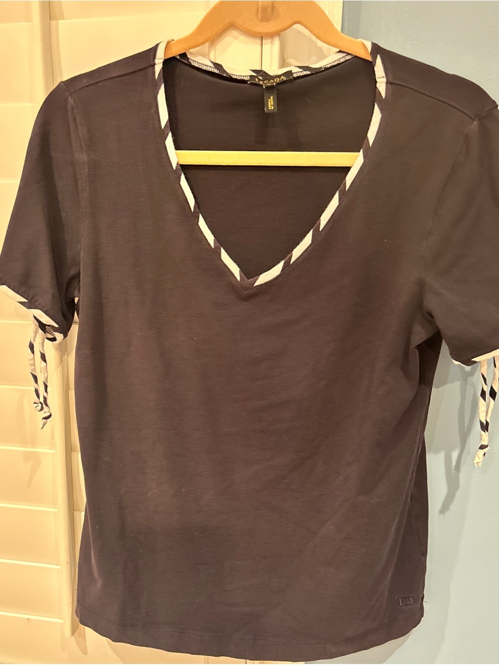 Escada Navy V-Neck Short Sleeve Top with Stripe Trim